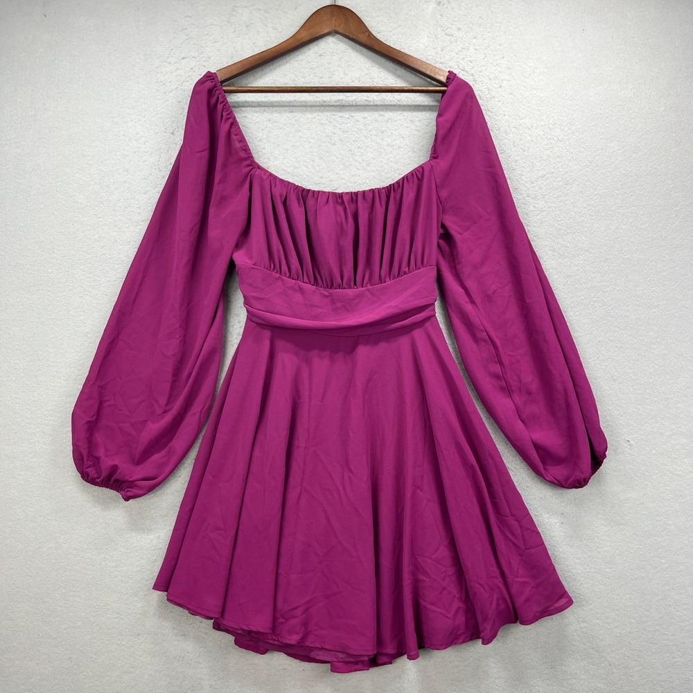 Lovely Day Mini Dress Womens Large Purple Long Sleeve Open Back Tie Skater Party